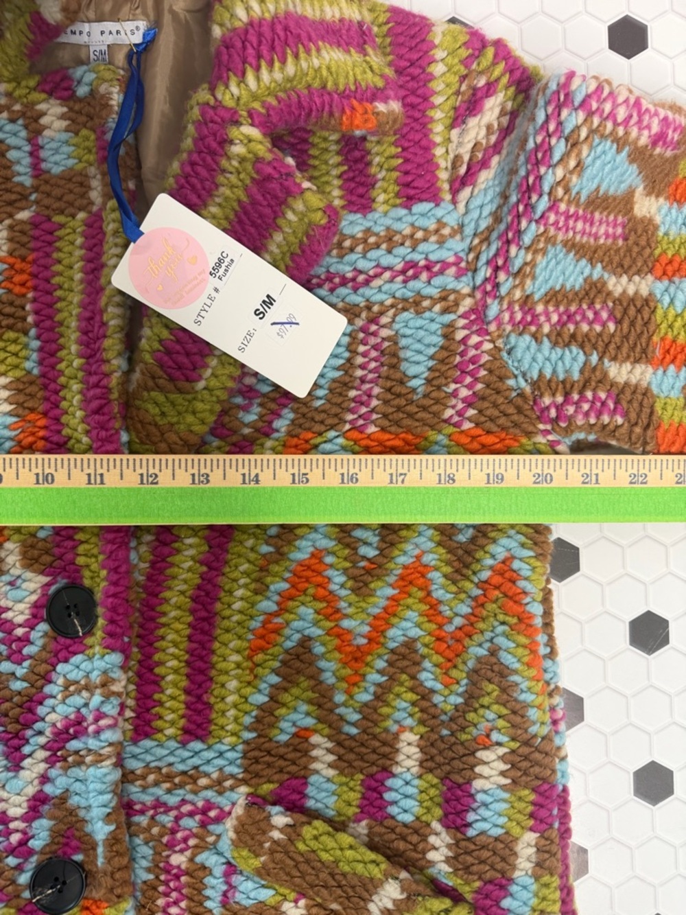 Tempo Paris Chunky‎ Knit Statement Coat Multicolor Boho Patchwork Jacket Sz S/M - Picture 12 of 14